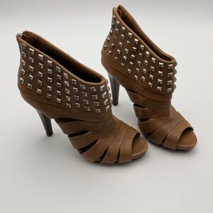 ASH Kate Studded Peep Toe Booties Tan Leather Stiletto Stacked Heel Size 38